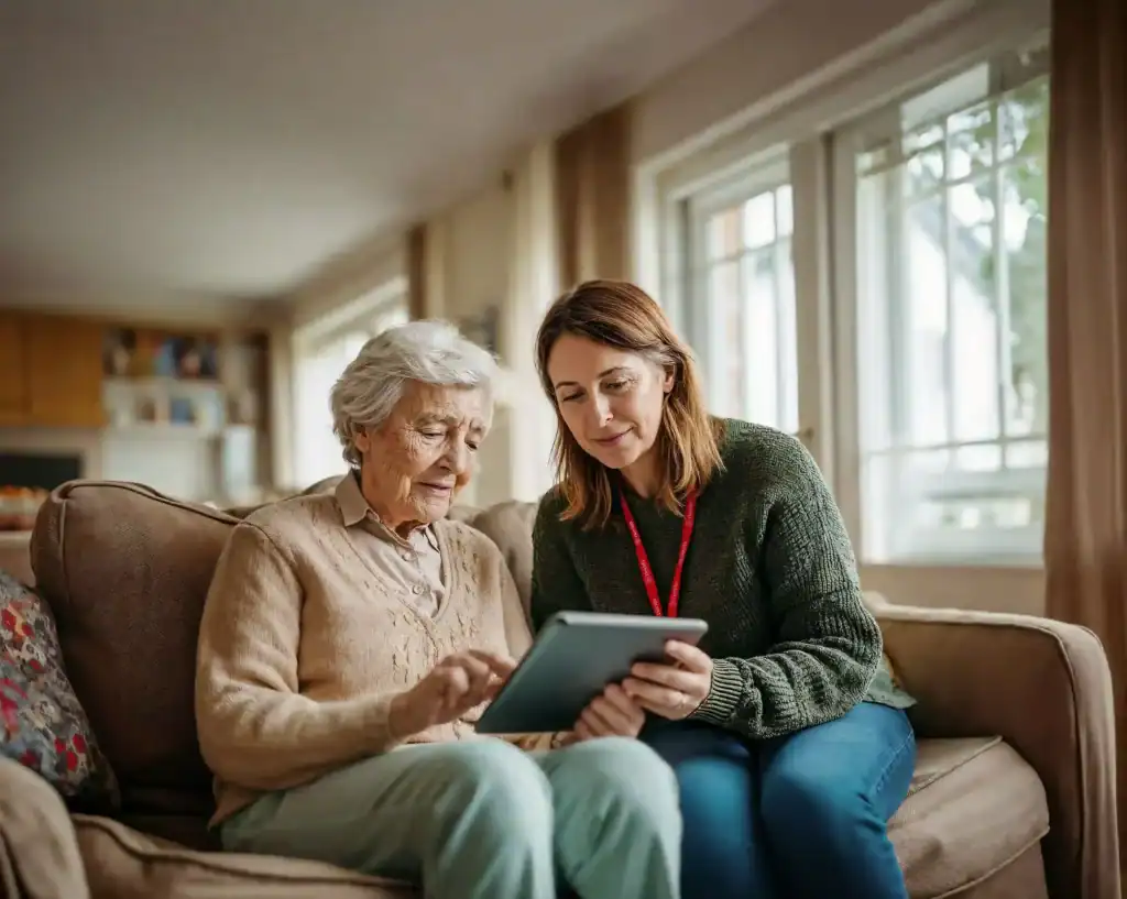 caregiver and client sitting on a coach