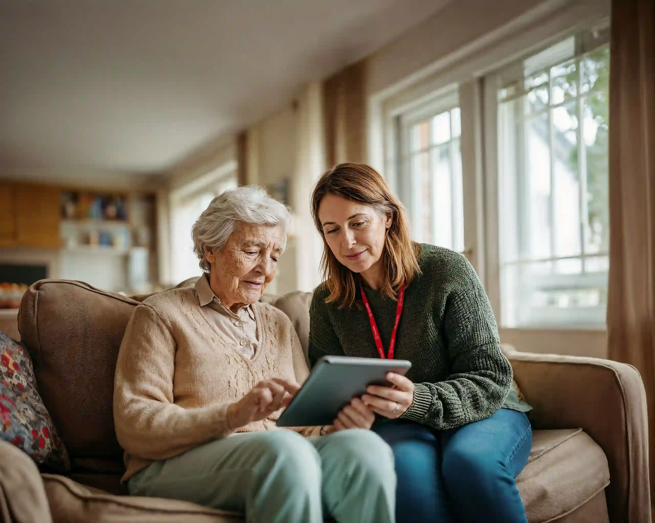 caregiver and client sitting on a coach